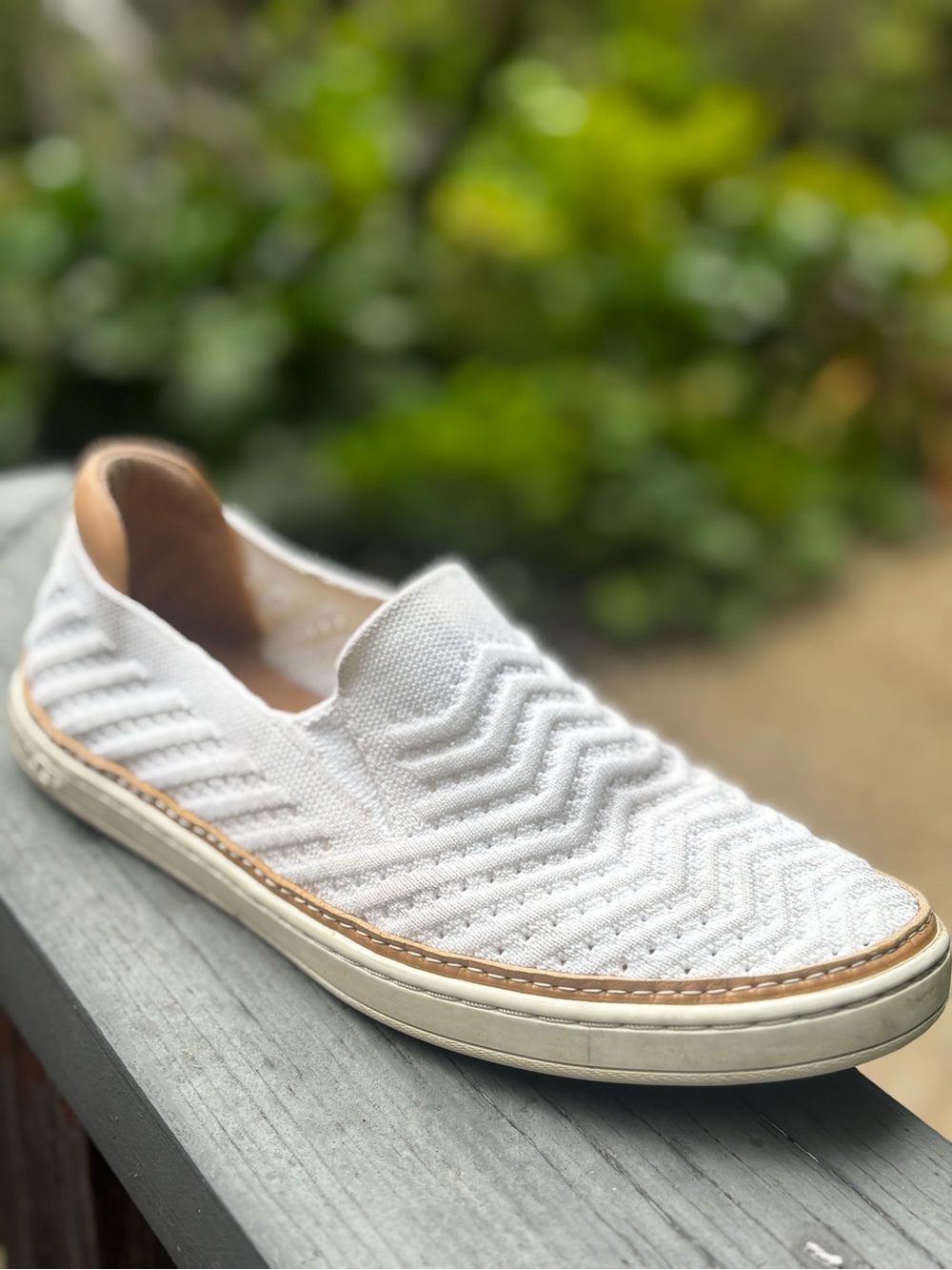 UGG Slip-On Knit Sneaker in White with Tan Trim